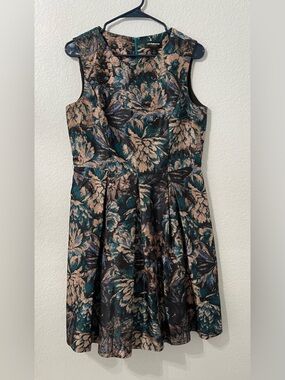 Liz Claiborne Teal and Gold Floral Jacquard Midi Dress